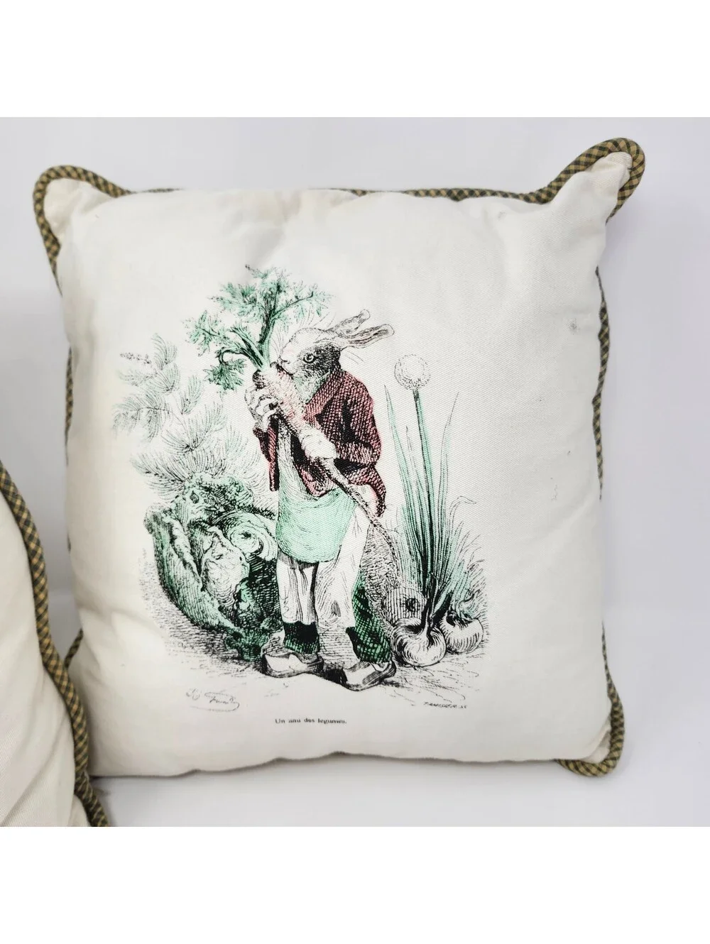 Pair Vintage Handmade Grandville Rabbit Vegetable Accent Pillows 12x12
